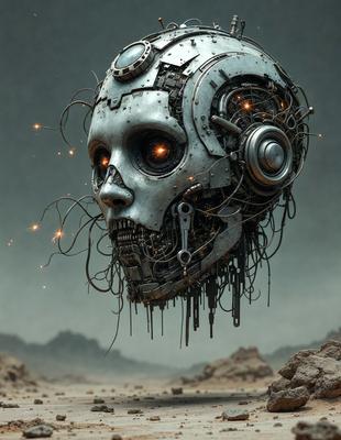 The primary subject of the image is a futuristic robot head with a mechanical appearance. The robot head is the central focus of the scene, and it is set against a backdrop of a rocky landscape. The visual style of the image is digital art, as it appears to be a computer-generated or digitally rendered creation. The dominant colors in the image are dark and metallic, giving the robot head a menacing and futuristic look.